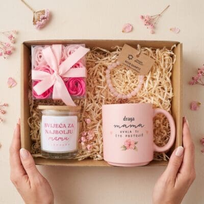Poklon paket - Šalica + svijeća + ruže od sapuna + narukvica Rose quartz