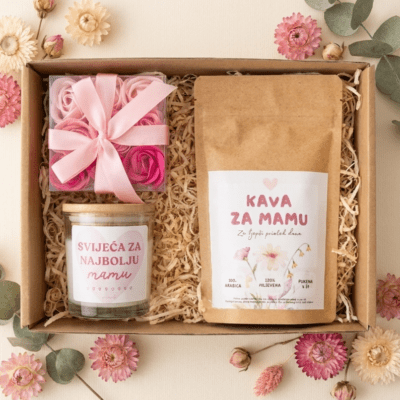 Poklon paket za mamu – svijeća + kava + ruže od sapuna